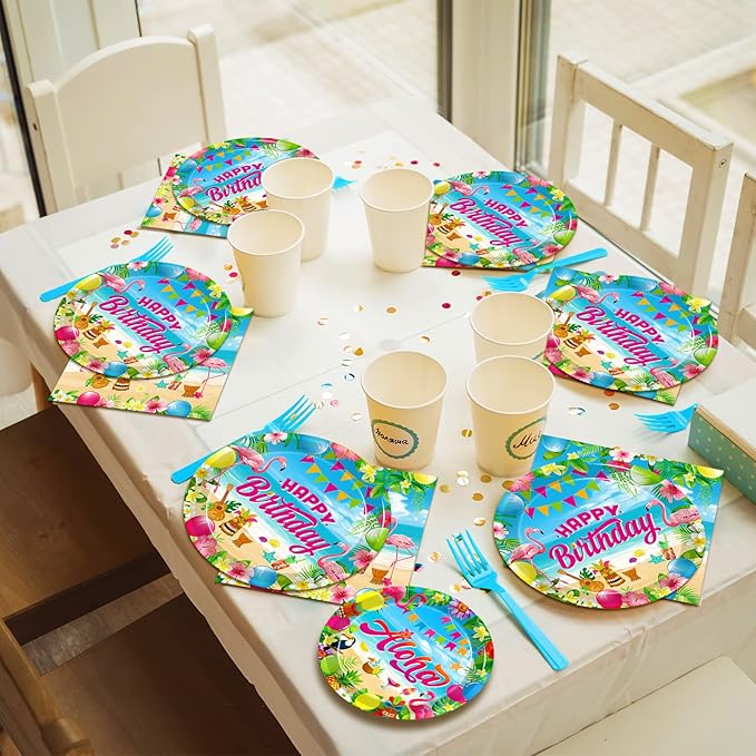 96 Pcs Hawaiian Aloha Party Decorations Supplies, Luau Tropical Birthday Party Plates Summer Beach Holiday Party Paper Plates Napkins Tableware Disposable Dinnerware Set , Serves 24