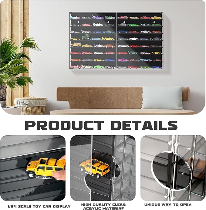 Alyoen 1/64 Scale Hot Wheels Display Case, 2 in 1 Cars Display Case Wall-Mounted, Storage Cabinet with Magnetic Doors - Holds Up to 64 Cars（Black）