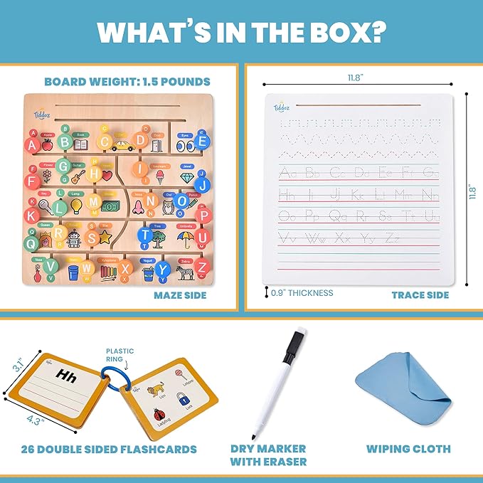 Learn ABC, Reading & Handwriting with Maze&Trace 3in1 Montessori Educational Wooden Board Toy & Flashcards with 100+ Sight Words for Boys & Girls Age 2 3 4 5 6 STEM & Fine Motor Skills Growth