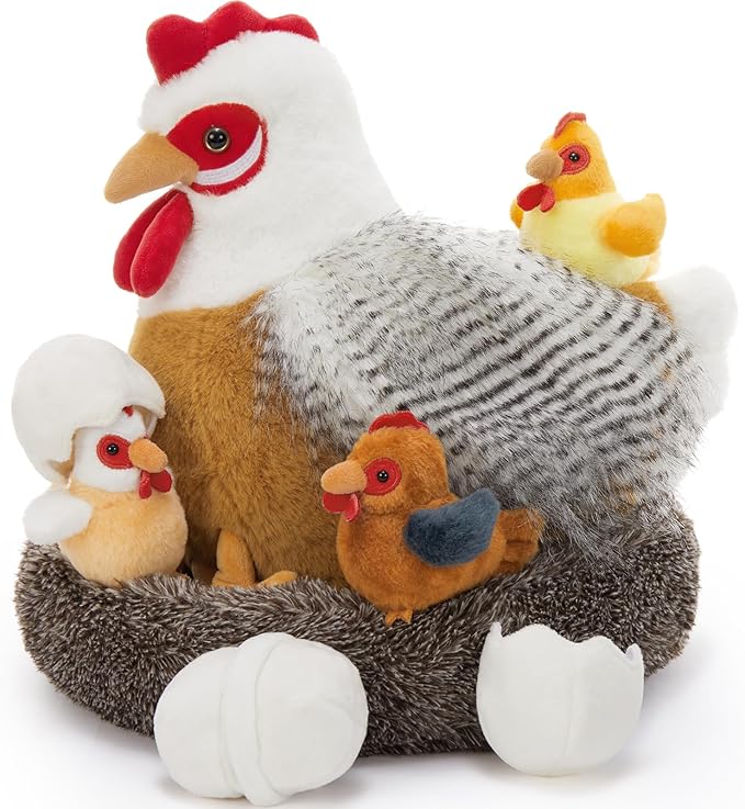 8Pcs Easter Chicken Stuffed Animal, Stuffed White Hen with Little Baby Chicks and Coop, Plush Toys for Kids, Hit of Christmas Farm Party