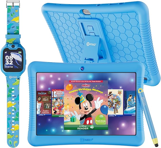 Contixo K102 10" Android Tablet and KW1 Kids Smartwatch - 32GB, Includes 80+ Disney Storybooks, Educational Watch with Games, Camera, Music Player, Alarm, Customizable Wallpaper, Blue