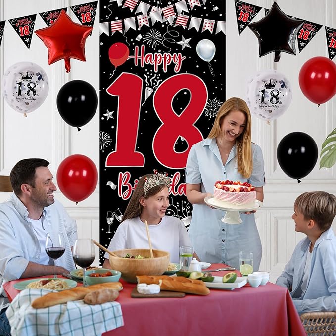 18th Birthday Decorations for Boys and Girls, Red Black Happy 18th Birthday Decorations for Men, Boy 18 Bday Party Door Banner Sign, Triangle Flag, Large 18 Balloons Decor for 18 Years Old