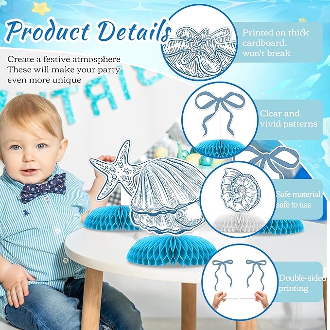 14 Pcs Summer Seashells Party Table Decorations, Ocean Happy Birthday Honeycomb Centerpieces, Party Supplies Birthday Decorations Blue Bow Starfish Seashells for Women Men Baby Shower