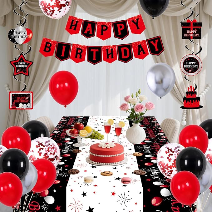 Black and Red Birthday Decorations for Men Women Boys Girls, Black and Red Party Decorations Happy Birthday Banner Backdrop Confetti Silver Balloons Arch Hanging Swirls Party Supplies Tablecloth
