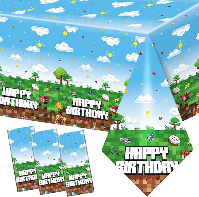 3 Pack Video Game Tablecloth,Plastic Disposable Gaming Theme Tablecloth, Retro Pixel Art Block Design, Vibrant 8-Bit Square Patterns for Kids Birthday Party,54 * 108 inch.