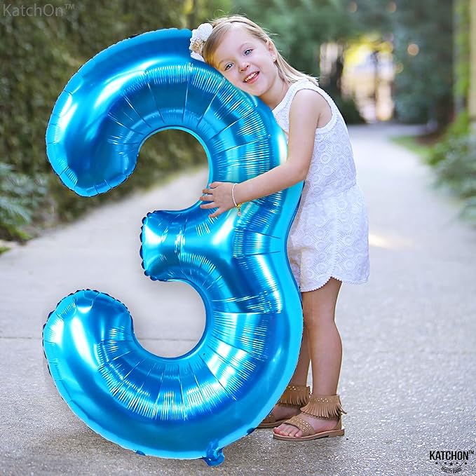 KatchOn, Giant Blue Number 3 Balloon - 40 Inch | Baby Shark Birthday Decorations Girls and Boys| Number Three Balloons for Under The Sea Party Decoration | Blue 3 Balloon, 3rd Anniversary Decorations
