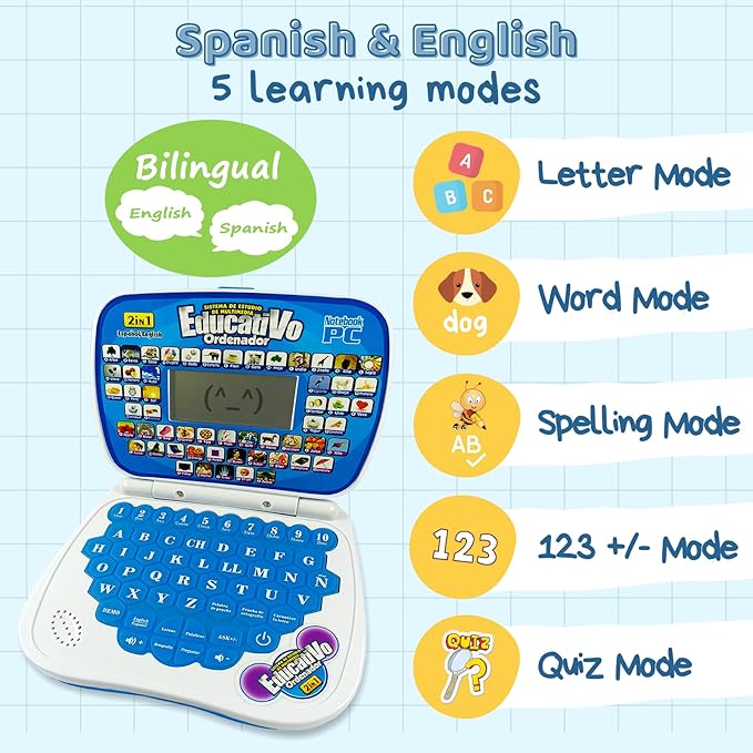 ZEENKIND Spanish & English Small Talking Laptop Toy for Kids 2 3 4 Years Old, Learn Spanish Alphabet Numbers Words Spelling Math, Interactive Bilingual Learning Laptop Toys for Toddlers