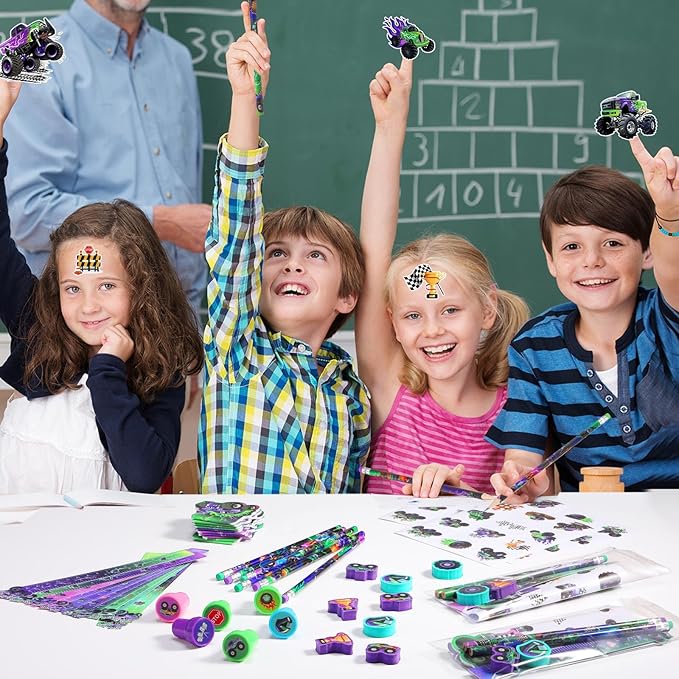 Cholemy 144 Pcs Monster Truck Party Favors Truck Party Supplies School Stationery Set Notebook Sticker Stamper Eraser Ruler Pencil Bag for Birthday Baby Shower Gifts Classroom Prize (Purple,Monster)