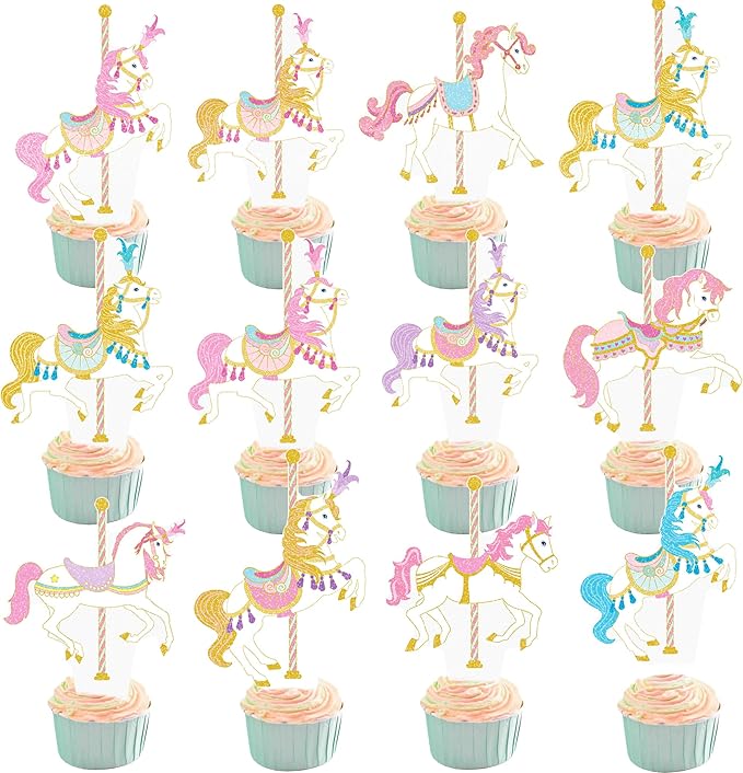 Carousel Horse Cupcake Toppers 48Pcs Carousel Horse Party Cake Decorations Carnival Carousel Horse Cupcake Picks Horse Birthday Party Supplies for Amusement Park Themed Baby Shower Decor