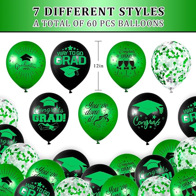 Whaline 60Pcs Graduation Party Balloon Set 7 Designs Confetti Latex Balloon with 2 Rolls Ribbon Grad Cap Congrats Grad Balloon for Graduation Party Decoration Supplies (Green, Black)