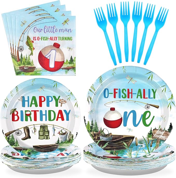 Grencian 96 Pcs Ofishally One Birthday Decorations Gone Fishing 1st Party Plates and Napkins Tableware Set O Fishally One First Birthday Decorations for Boys Little Fisherman 1st Baby Shower Serves 24