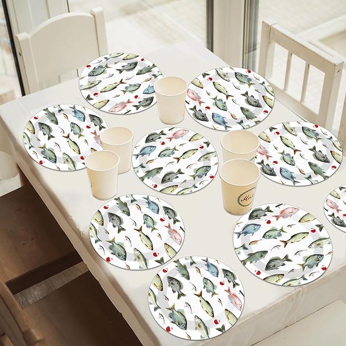 CHUNNIN 50PCS Gone Fishing Party Plates for Fishing Themed Party Decoration 7Inches Ofishally One Birthday Tableware Gone Fish Disposable Dessert Plates for Little Fisherman Birthday Supplies