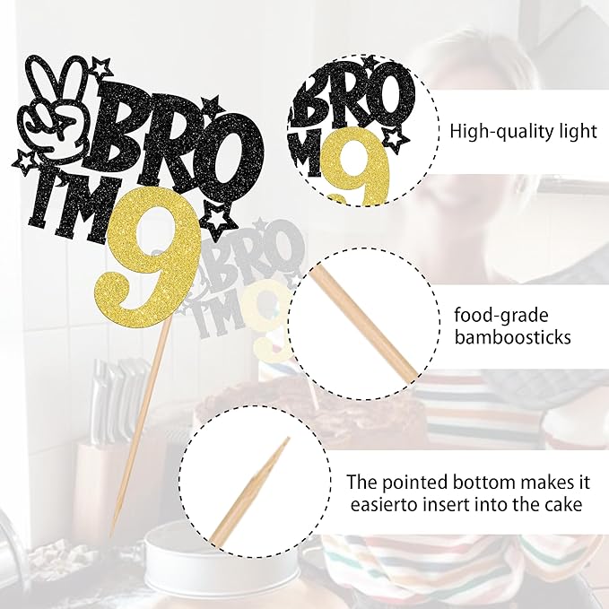 1 PCS Brother I'm 9 Cake Topper Glitter Star Happy 9th Birthday Cake Pick Bro I'm 9 Cake Decoration It's My 9th Birthday Decorations for Boys Cheers to 9 Years Old Birthday Party Supplies Gold