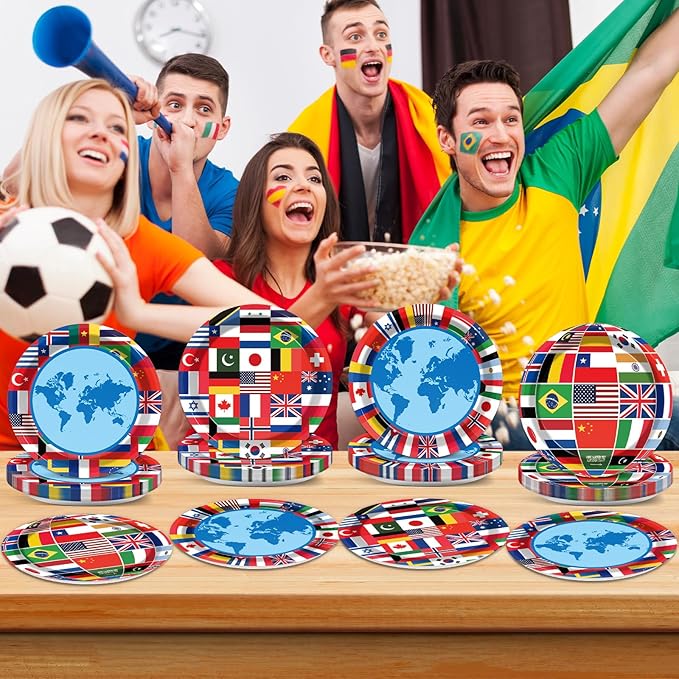 Wiooffen 80Pcs International World Flags Plates Around the World Globe Party Tableware Decorations International Flags 7'' Paper Cake Dessert Dinner Plates for Travel Trip Retirement Party Supplies