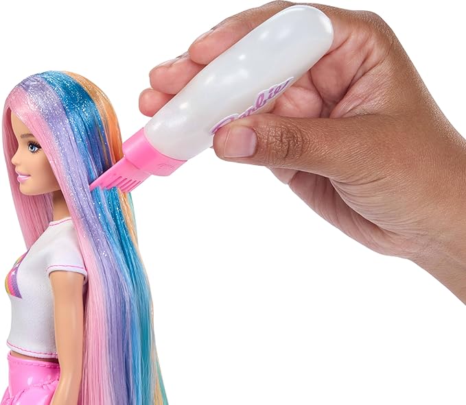 Barbie Rainbow Sparkle Hair Doll, Extra-Long and Colorful Hair with 12 Styling Accessories Like Glitter Tube, Brush, Clips, Dryer and More