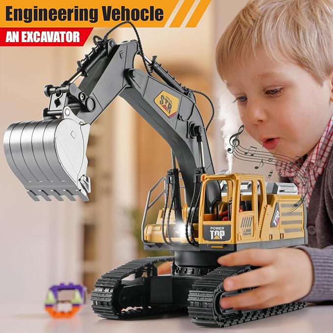 1:14 Remote Control Excavator Toys for Boys,14 Channel RC Digger Construction Toys Tractor,Simulated Smoke, Sound, Lighting, Metal Digging Head, for Boys 6 7 8 9 10 11 12