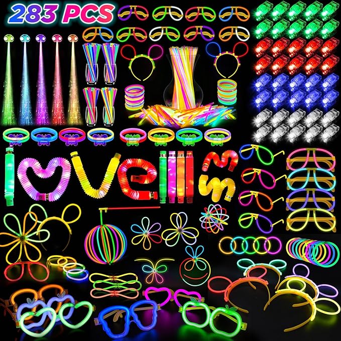 Party Supplies, Glow in the Dark Party Favors for Adults Kids, 27 Carnival Accessories, 56 LED Light Up Toys Bulk, 100 Glow Sticks Party Pack, Neon Party Supplies & Decorations