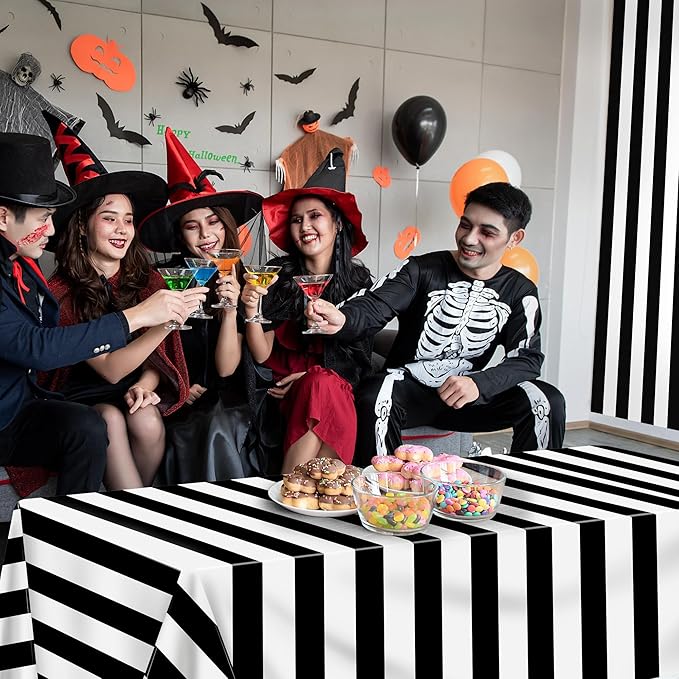 Kochorie 100 Ft x 54 Inch Black & White Striped Tablecloth Roll with Cutter Box Disposable Halloween Plastic Tablecloth Cut to Size Table Cover Backdrop for Halloween Backdrop Stage Party Supplies
