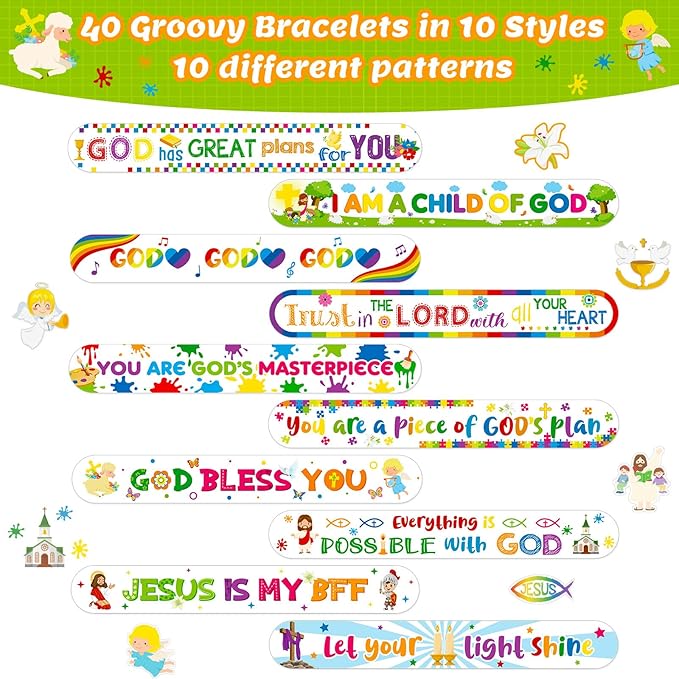 Frienda 40 Pcs Bible Verses Religious Christian Slap Bracelets for Kids VBS Jesus Love You Wristband Inspirational Motivational Nativity Slap Bracelet Sunday School Supplies He Is Risen(Inspirational)