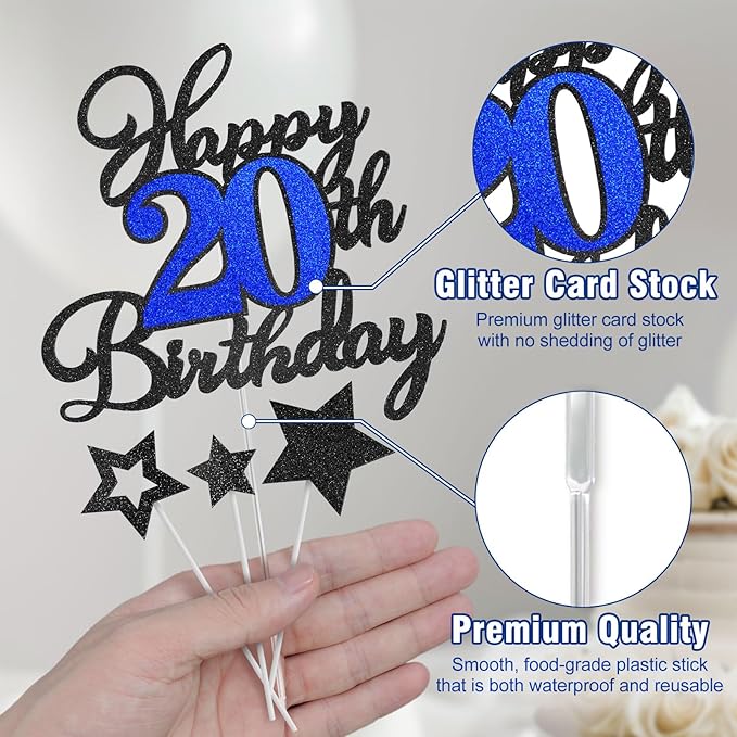 20th Birthday Cake Topper, Black Blue Happy 20th Birthday Cake Toppers for Boy Girl, 20 Years Old Birthday Party Supplies, Glitter Cake Decor, 20th Birthday Cake Decorations
