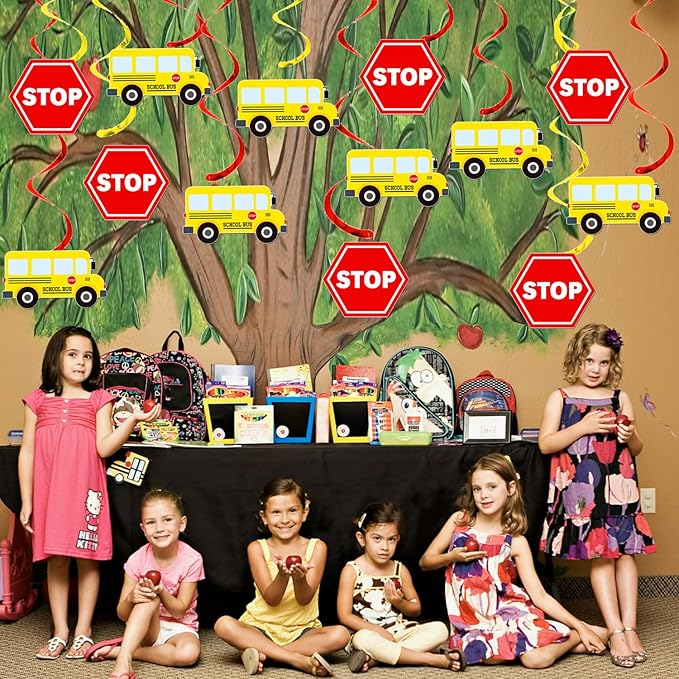School Bus Hanging Swirls Wheels On The Bus Birthday Decorations 20Pcs Back to School Ceiling Swirls School Bus Party Hanging Streamers for School Classroom Theme Party Supplies