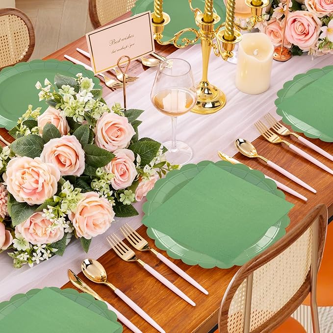 50pcs Sagegreen Paper Plates&Napkins Party Supplies-7Inch Scalloped Dessert Plates Disposable Sage Green Cake Plate Tableware Decoration for Baby Shower Birthday Wedding Bridal Serves 25