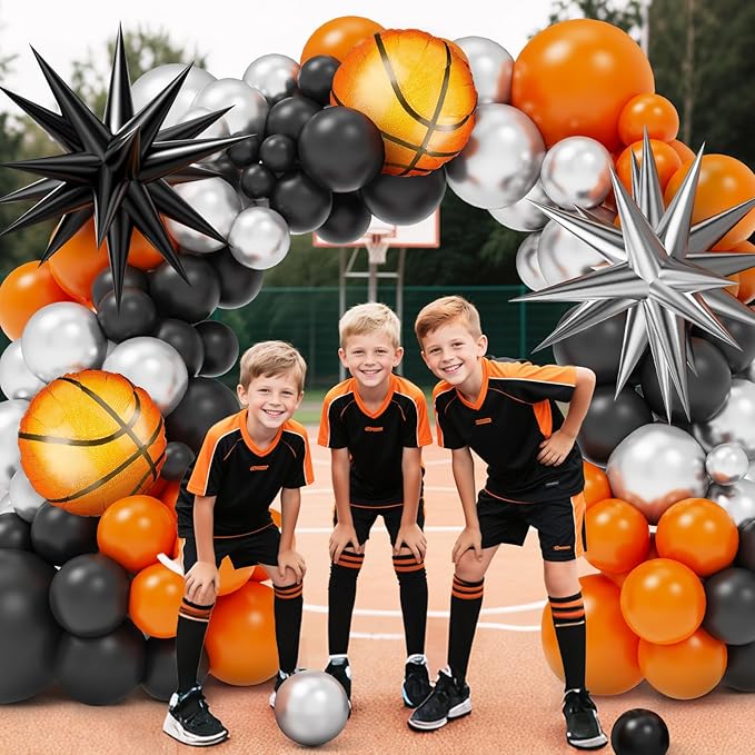 Basketball Balloon Garland Arch Kit, 97Pcs 18 10 5 inch Black Orange Basketball Balloons with 18inch Foil Balloons for Sports Theme Basketballs Party Boys Birthday Decorations