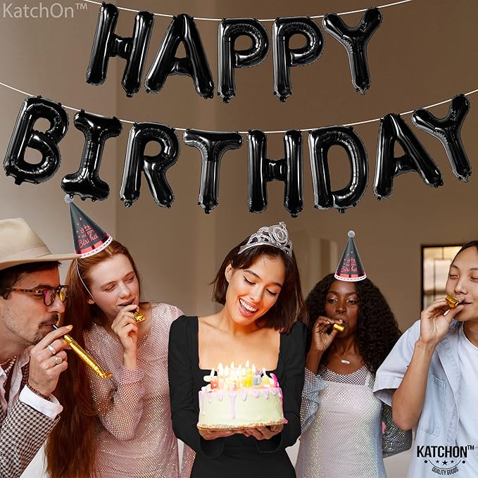 KatchOn, Black Happy Birthday Balloons Banner - 16 Inch | Foil Balloon Banner For Happy Birthday Decorations | Balloon Letters Sign For Birthday Party Decoratioans | Halloween Birthday Decorations