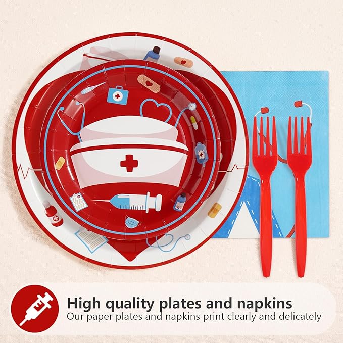96Pcs Nurse Happy Birthday Party Decoration Red and Blue Plates and Napkins Medical RN Themed Tableware Set for Medical RN Nurse Birthday Graduation Baby Shower Party Supplies, Serves 24