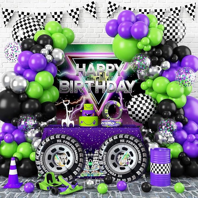 Truck Balloons Arch Kit,170Pcs Purple Black Green Metallic Silver Confetti Balloons Wheel Checkered Balloon for Kids Birthday Party,Monster Race Car Truck Theme Party Decorations Supplie