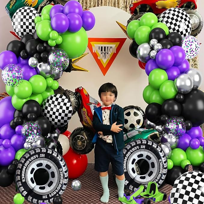 Truck Balloons Arch Kit,170Pcs Purple Black Green Metallic Silver Confetti Balloons Wheel Checkered Balloon for Kids Birthday Party,Monster Race Car Truck Theme Party Decorations Supplie