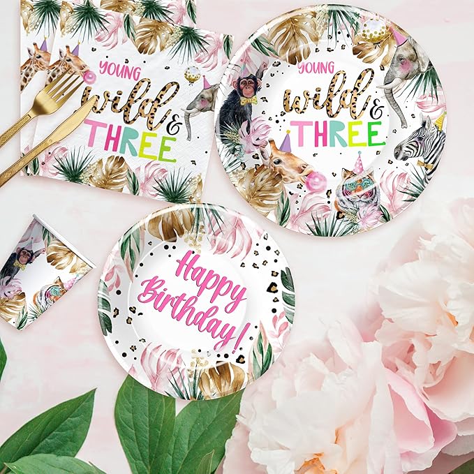 APOWBLS Young Wild And Three Decorations Girl Dinnerware, Safari 3rd Birthday Party Supplies, Plate, Cup, Napkin, Tablecloth, Cutlery, Straw, Animal Jungle 3 Year Old Birthday Decorations | Serves 24