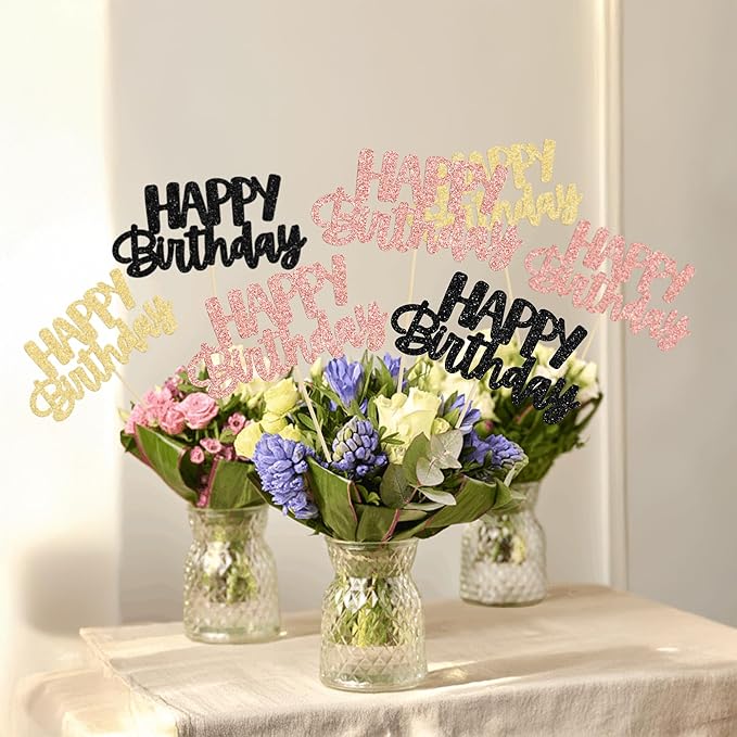 Gyufise 12Pcs Happy Birthday Centerpieces Sticks Double Sided Glitter Birthday Party Decorations Anniversary Table Flower Centerpiece for Celebrating Party Supplies Black Gold Rose Gold