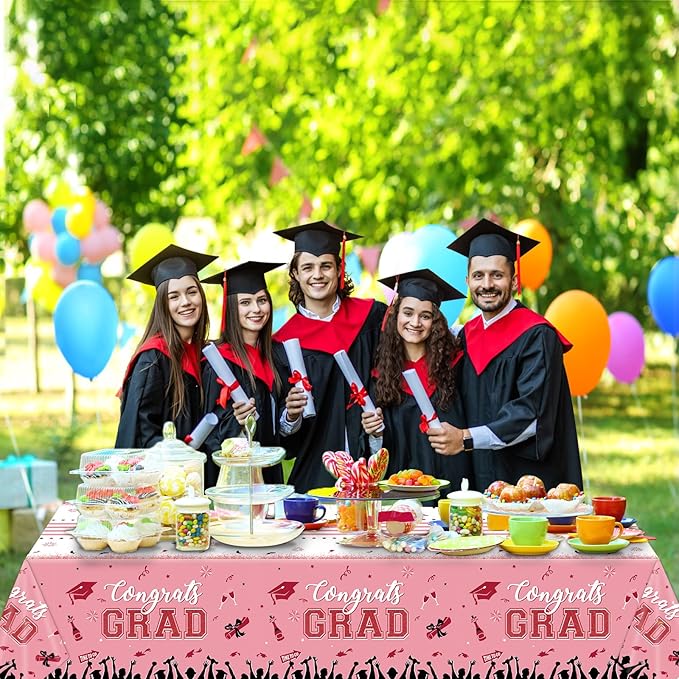 chiazllta Set of 3 Graduation Tablecloths Class of 2025 Congrats Grad Pink Graduation Party Tablecover Decorations Party Supplies Large Size Plastic 54"x108"(Pink & Gold)