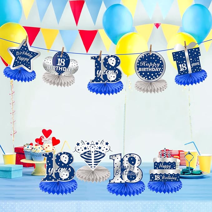 Kauayurk 8Pcs 18th Birthday Decorations Table Centerpiece Party Supplies, Blue Silver Happy 18 Year Old Birthday Honeycomb Centerpieces, Eighteen Birthday Table Topper Decor