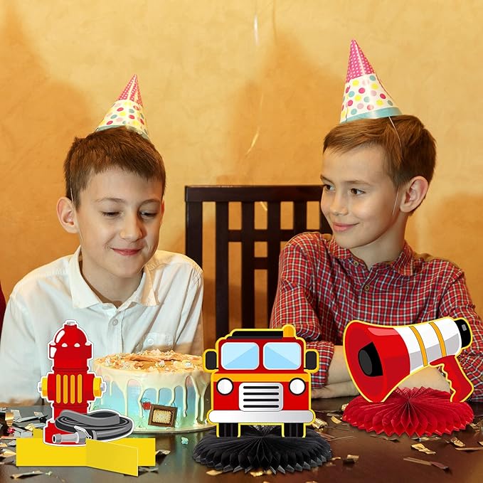 Epakh 10 Pcs Firetruck Birthday Party Decorations Fire Truck Themed Table Supplies Firetruck Honeycomb Centerpieces Fire Truck Plates Firefighter Hat Extinguisher Fireman Party Favor Supplies for Kids