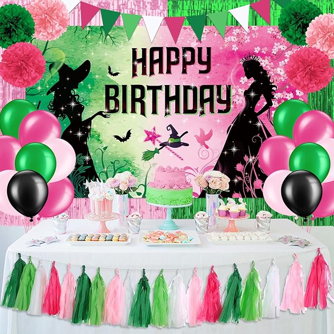 Pink and Green Birthday Party Decorations, Witch Themed Happy Birthday Backdrop Banner Balloons Paper Pom Poms Paper Tassel Foil Fringe Curtains for Girls Princess Birthday Party Supplies Decorations