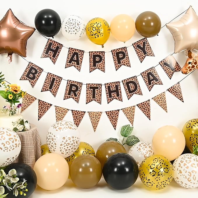 Leopard Birthday Decorations, Gold Cheetah Print Animal Balloons Brown Black and Heart Balloons, Cheetah Happy Birthday Banner for Safari Wild Birthday Baby Shower Jungle Zoo Theme Party Supplies