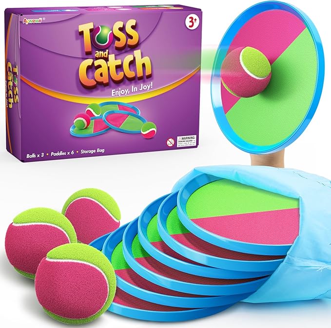 Toss and Catch Ball Set Game Kids Toys – 6 Paddles & 3 Balls, Easter Basket Stuffers Birthday Gifts for 3 4 5 6 7 8 Year Old Boy Girl, Outdoor Games for Beach Yard Pool Camping Lawn Family Party