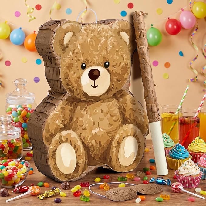 Bear Piñata Birthday Party Decorations Animal Birthday Party Supplies Brown Piñata with Blindfold Stick for Boys Girls Kids Valentine Baby Shower Decor Supplies Favors