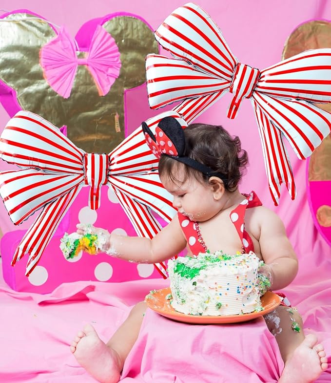 2 pcs Big Bow Balloons Red Strips 30 inch, Bow Party Balloons Decorations for Girls Birthday Mouse Themed Baby Shower Wedding Christmas Party Décor Supplies Favors