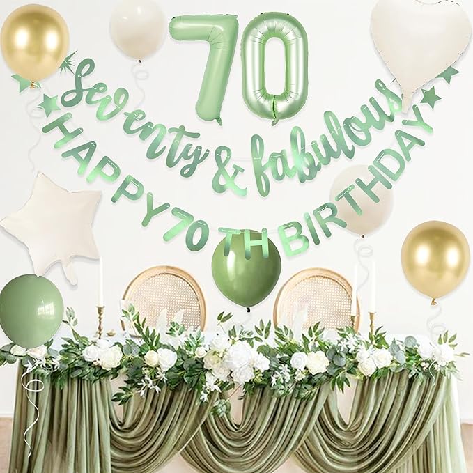 Sage Green Seventy & Fabulous Happy 70th Birthday Banner Garland Foil Balloon 70 for Womens 70th Birthday Decorations Hanging 70 and Fabulous Cheers to 70 Years Old Birthday Party Supplies Backdrop