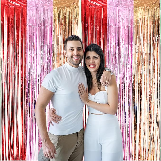 2 Pack Construction Foil Fringe Curtains, 3.3x6.6 Ft Pink Red and Champagne Gold Tinsel Backdrop Party Decorations Door Streamers for Birthday Valentine's Day Engagement Decor