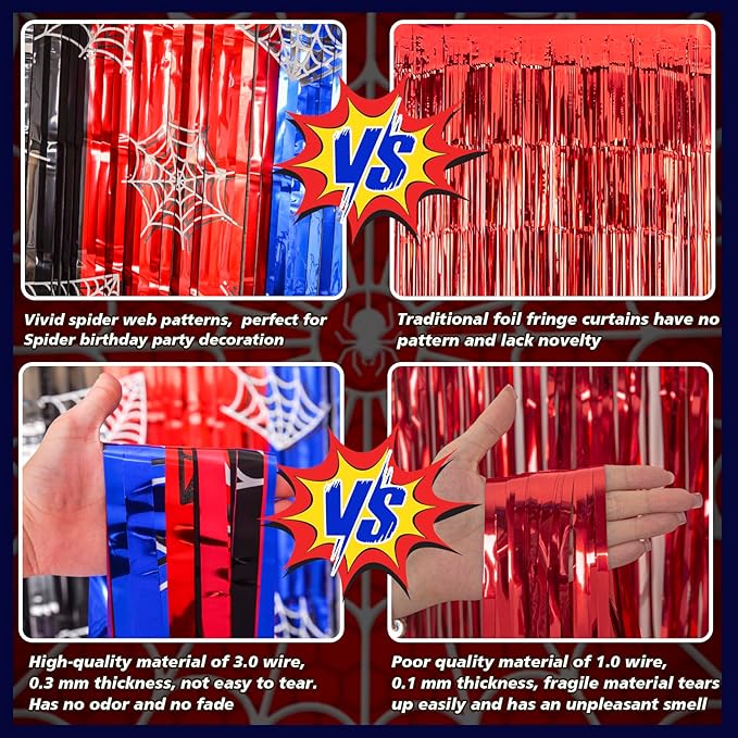 Spider Web Birthday Decorations, 2 Pack Spider Party Supplies 3.3x6.6ft Tinsel Foil Fringe Curtains, Red Black, and Blue Photo Booth Prop Backdrop Streamer, Birthday Decor, Party Decor for Boys