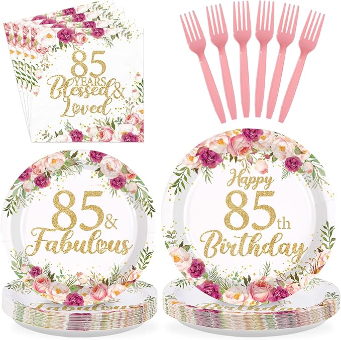 96Pcs 85th Birthday Decorations for Women Rose Gold Floral Party Plates and Napkins Disposable 85th Birthday Gifts Tableware Set for Women Fabulous Party Decorations Serves 24