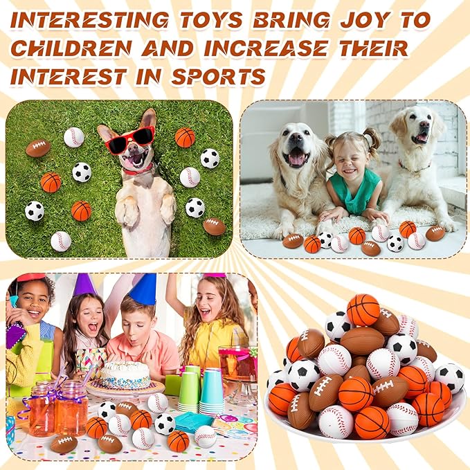 Blulu 48 Pack Small Sports Stress Balls for Kids Mini Footballs Baseball Soccer Basketball Sports Party Favor Gifts Small Foam Squeeze Anxious Toy for Classroom Reward Sport Party Supplies(2.5 Inch)