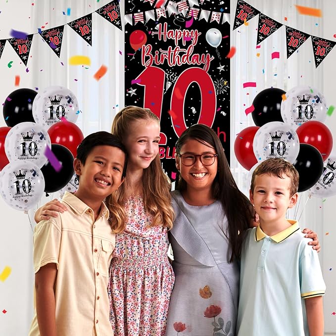 10th Birthday Decorations for Boys Girls, Double Digits Boy Red Black Happy 10th Birthday Decorations, 10 Year Old Birthday Door Banner Sign, Triangle Flag, Large 10 Balloons Decor Tenth Bday Party