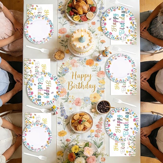 96Pcs Spring Flower Birthday Party Decorations Colorful Wildflower Plates and Napkins Groovy Boho Floral Leaf Disposable Paper Tableware Set for Wedding Tea Garden Party Supplies Serves 24