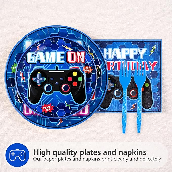 96 Pcs 14th Video Game Birthday Party Decorations Blue Video Game Level 14 Birthday Plates and Napkins Tableware Sets for Kids Boys 14 Years Old Gamer Gaming Party Supplies Favors Serves 24