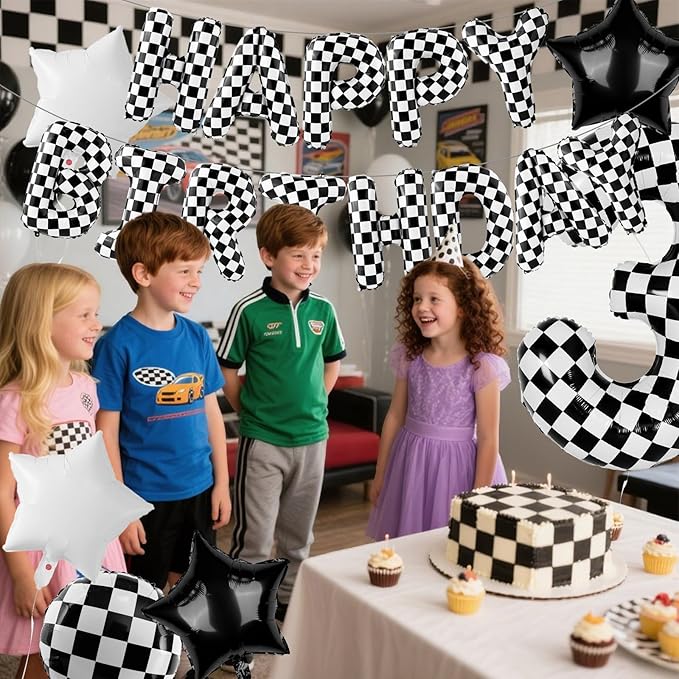Racing Cars Themed Happy Birthday Banner Party Decorations Set Including 40 Inch Number 3 Foil Balloons, Themed Party Essentials, Checkered Backdrop Supplies for Boys Indoor Outdoor Celebration